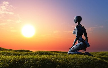 Renkli bir günbatımı arkaplanındaki robot kadın.