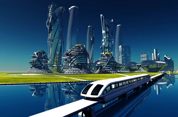 Treno Città Moderna Rendering — Foto Stock