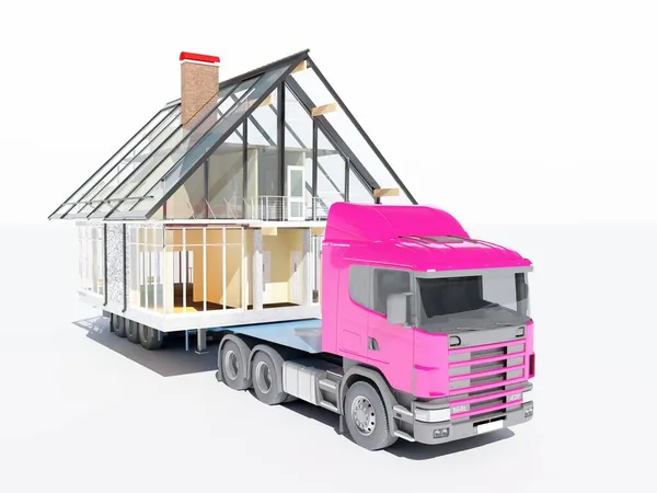 Camion Con Una Casa Sfondo Bianco Rendering — Foto Stock