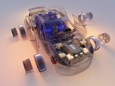 Pembe arka planda parçalanmış araba, 3 boyutlu görüntüleme.