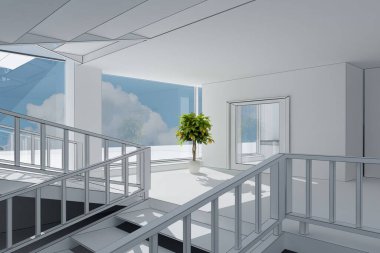 Beyaz arkaplandaki bina inşaatının grafik görüntüsü, 3d oluşturma