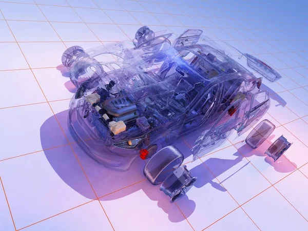 蓝色背景的模型车 3D渲染 — 图库照片