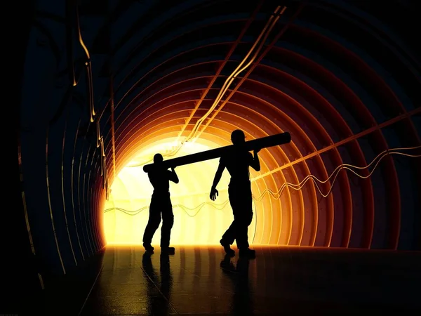 Silhouette Dei Lavoratori Nella Miniera Rendering — Foto Stock