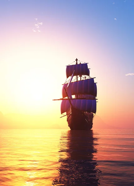Günbatımında Denizde Eski Bir Yelkenli — Stok fotoğraf