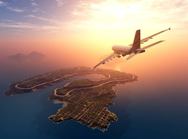 風景の上に旅客機 3Dレンダリング — ストック写真