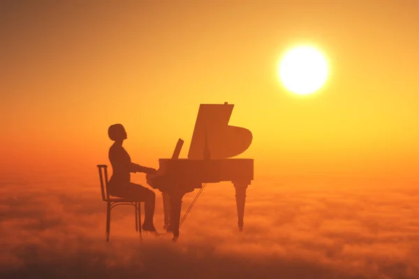Woman Playing Piano Clouds Render — Stock Photo, Image