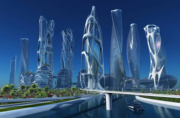 海岸沿いの未来都市 3Dレンダリング — ストック写真