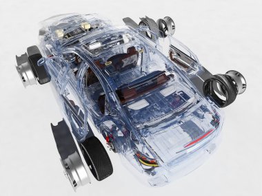 Beyaz arkaplandaki arabanın ayrıntıları., 3D görüntüleme