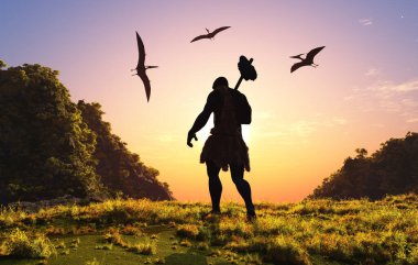 İlkel insan silueti güneşe karşı, 3 boyutlu.