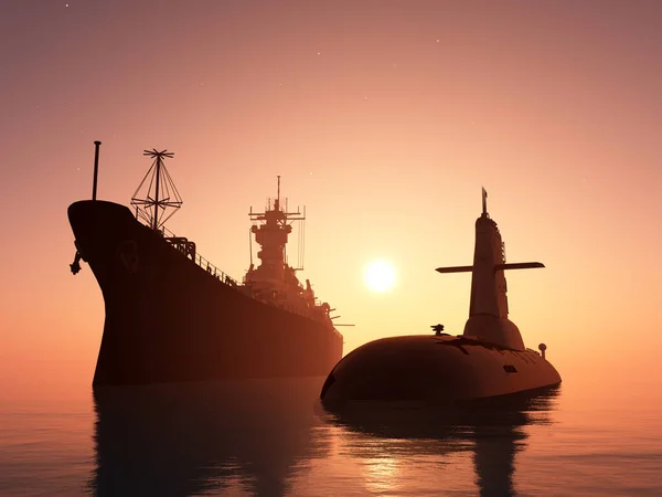 Vojenské Lodě Moři Vykreslení — Stock fotografie