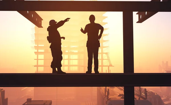 Silhouetten Van Werknemers Tegen Achtergrond Van City Maken — Stockfoto
