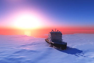 Buzkıran gemi denizde buzun üzerinde., 3D render