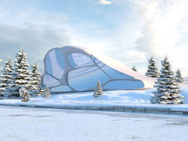 Kış manzaralı, modern bir kır evi. .3d oluşturma