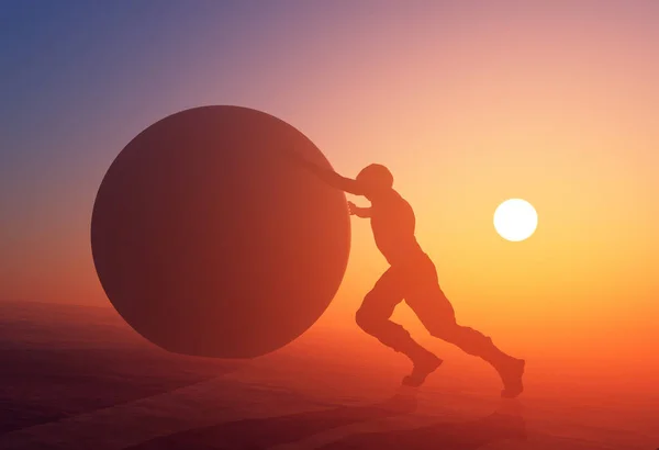 Homem Está Rolando Uma Grande Bola Render — Fotografia de Stock