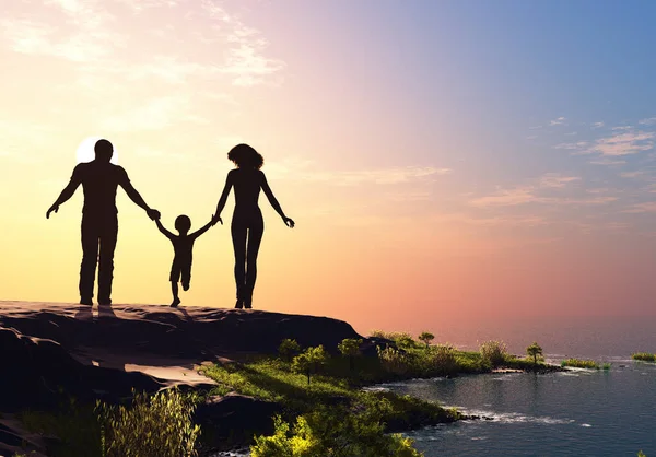 Famiglia Che Cammina Sulla Riva Del Mare Rendering — Foto Stock