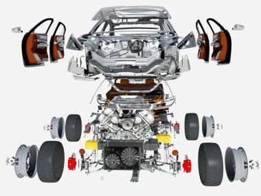 Beyaz arkaplandaki arabanın ayrıntıları., 3D görüntüleme