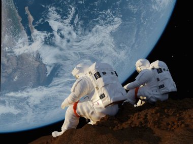 Gezegenin arka planında iki astronot NASA tarafından döşenmiş bu görüntünün elementleri,