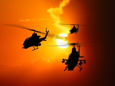 Bir grup askeri helikopter. 3D görüntüleme.