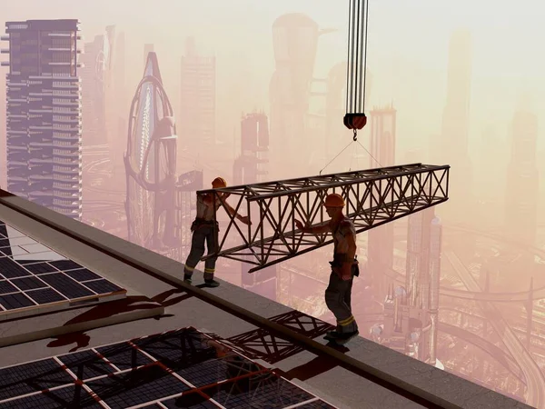 背景摩天大楼中一名工人的轮廓 3D渲染 — 图库照片