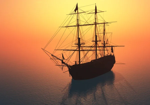 Vintage Barca Vela Mare Tramonto Render — Foto Stock