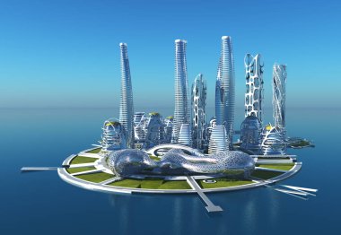 Denizdeki Gelecek Şehir 3D görüntüleme