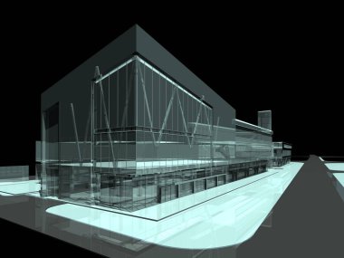 Siyah arkaplandaki bina inşaatının grafik görüntüsü., 3D oluşturma