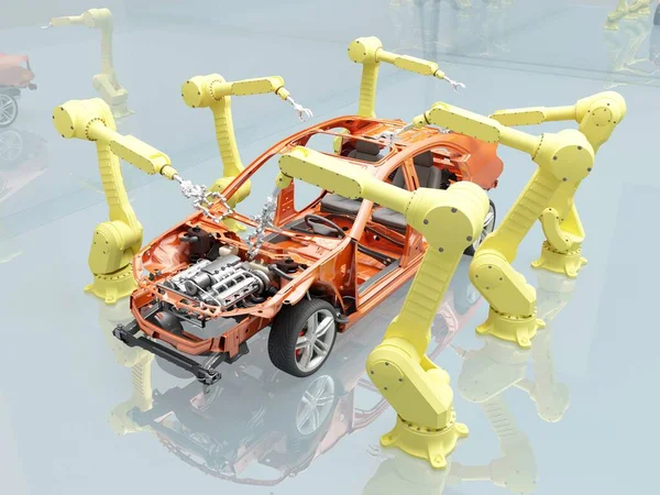 Robots Grupo Recogió Coche Moderno Render — Foto de Stock