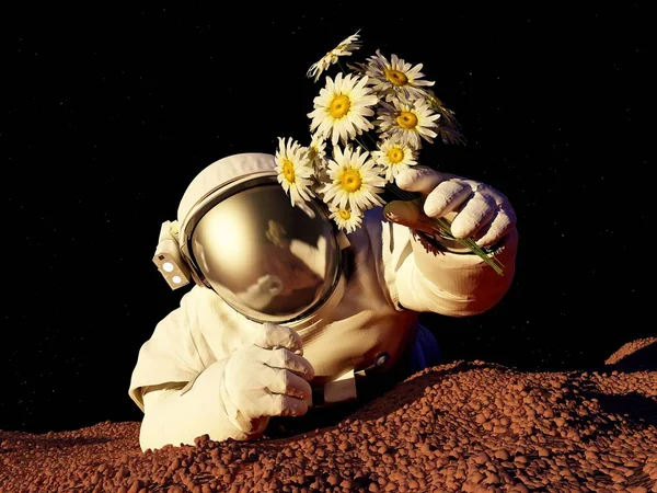 Astronaut Med Blommor Återgivning — Stockfoto