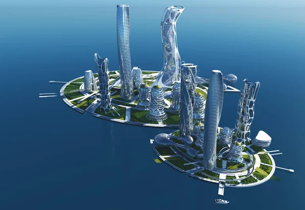 Città Futura Nel Rendering Sea — Foto Stock