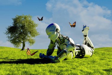 Robot ve kelebek çim. 3D render