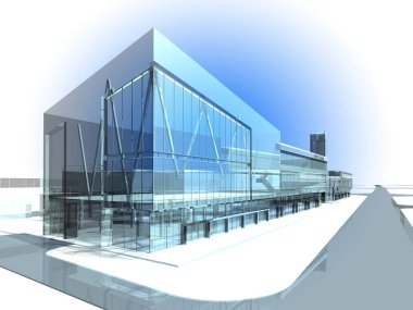 Mavi arkaplandaki bina inşaatının grafik görüntüsü, 3d oluşturma