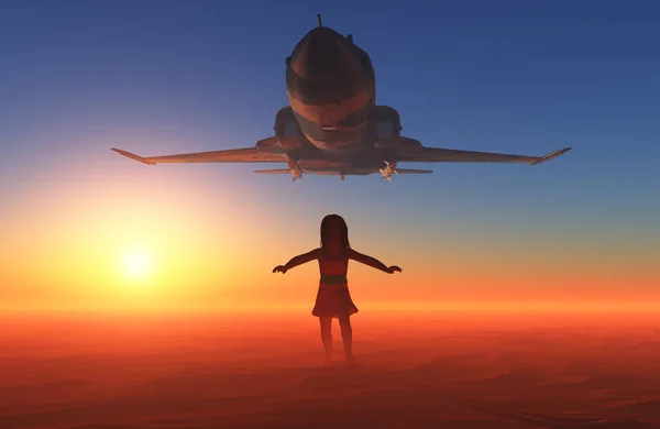 Militära Flygplan Och Ett Barn Mot Himlen Återgivning — Stockfoto