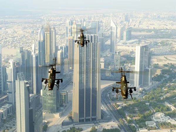 Skupina Vojenských Vrtulníků Pozadí Města Vykreslení — Stock fotografie