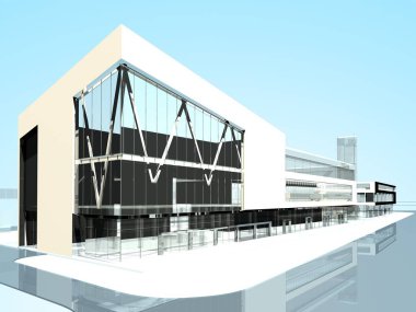 Mavi arkaplandaki bina inşaatının grafik görüntüsü, 3d oluşturma