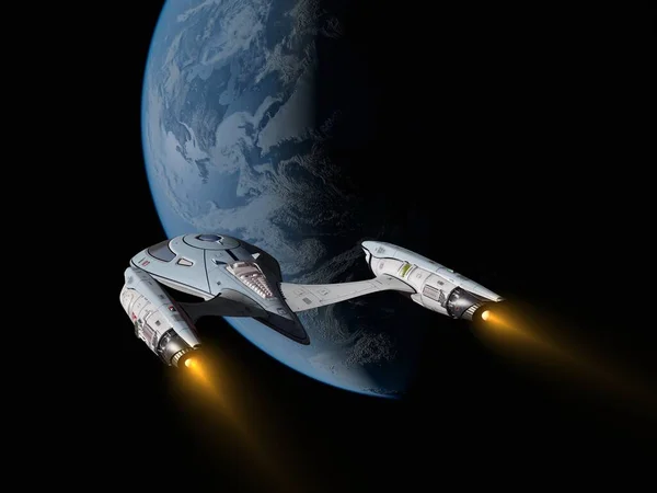 惑星の背景にある宇宙船 Nasaによって装備されたこの画像の要素 3Dレンダリング — ストック写真