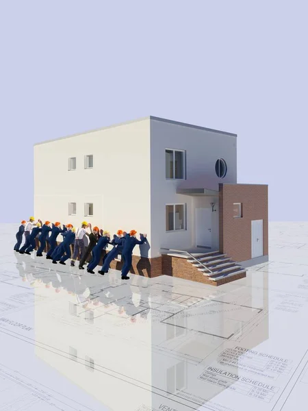 グループビルダーは白い背景で家を押しています 3Dレンダリング — ストック写真