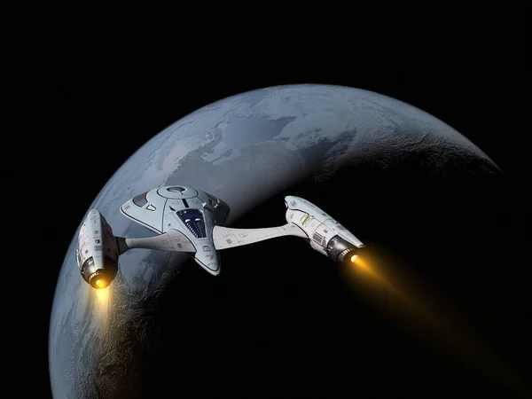 惑星の背景にある宇宙船 Nasaによって装備されたこの画像の要素 3Dレンダリング — ストック写真