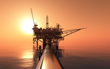 Akşam gökyüzünde petrol üretimi., 3D render
