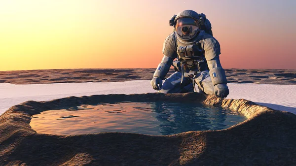 Astronauta Cerca Del Cráter Con Renderizado Water — Foto de Stock