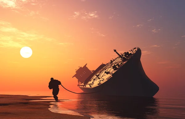 Мужчина Тянет Корабль Рендер — стоковое фото