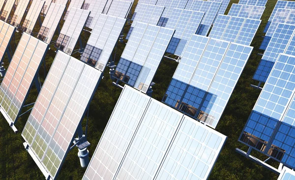 Panel Solar Sobre Hierba Verde Render —  Fotos de Stock