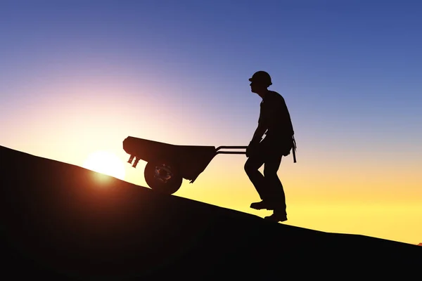 Silhouette Worker Wheelbarrow Background Sky Render — стоковое фото