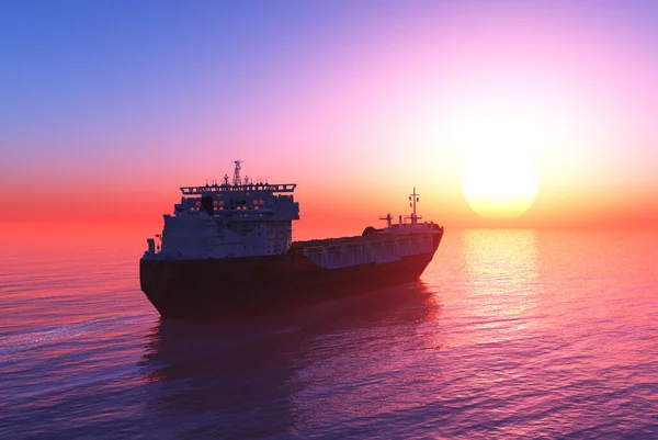 Tanker Zee Bij Zonsondergang Renderen — Stockfoto