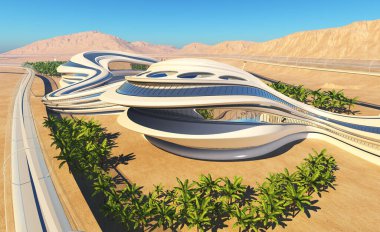 Manzaranın arka planında fütürist bir bina. 3d hazırlayıcı