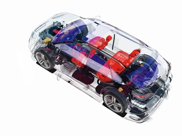 白色背景下的玻璃汽车3D渲染 — 图库照片