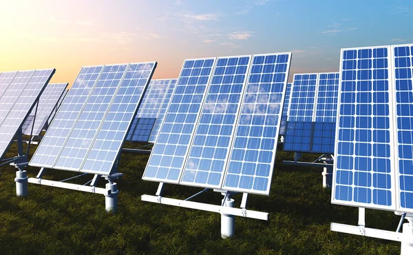 Solarmodul Auf Grünem Gras Render — Stockfoto