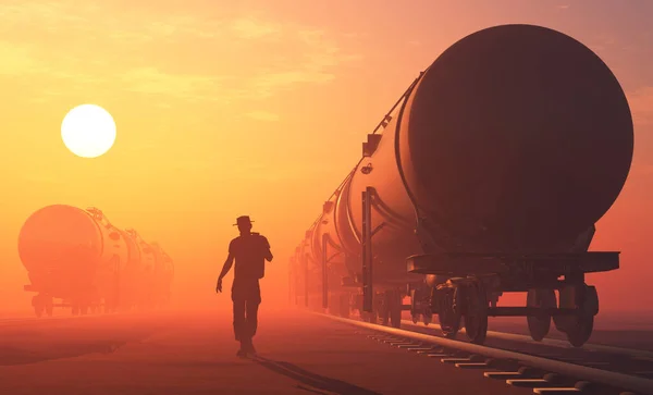 Silhouette Del Lavoratore Del Serbatoio Nella Nebbia Rendering — Foto Stock