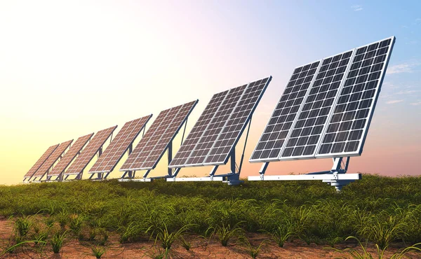Solar Panel Green Grass Render Stock Image