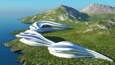 Manzaranın arka planında fütürist bir bina. 3d hazırlayıcı