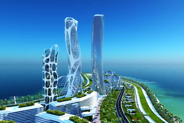 Edifício Futurista Fundo Paisagem Renderização — Fotografia de Stock